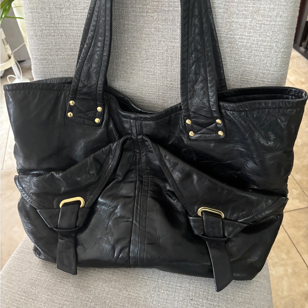 Kooba Black and Gold Leather Tote with Bow Detail